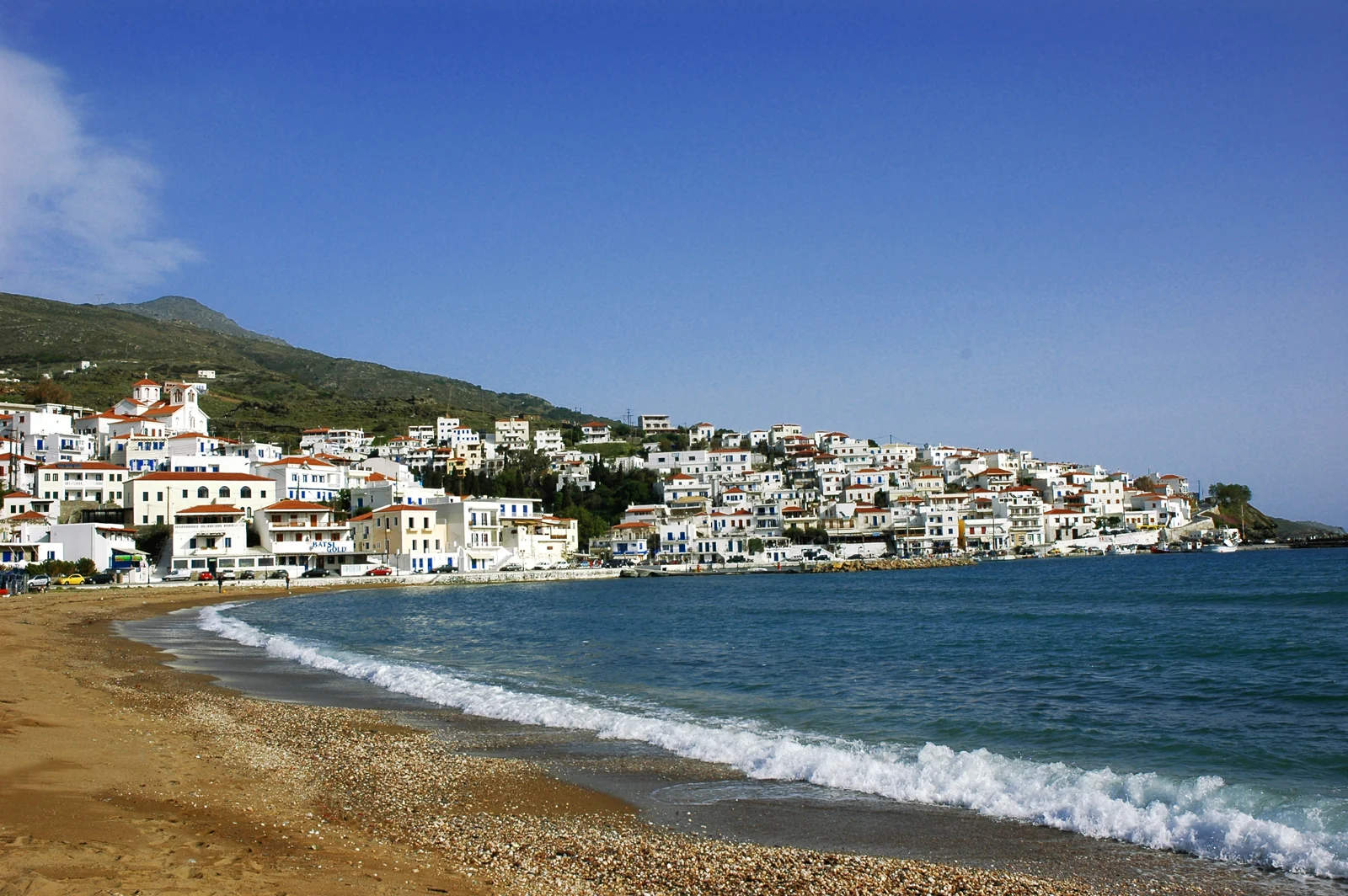 Batsi bay and the hillside villages of Andros