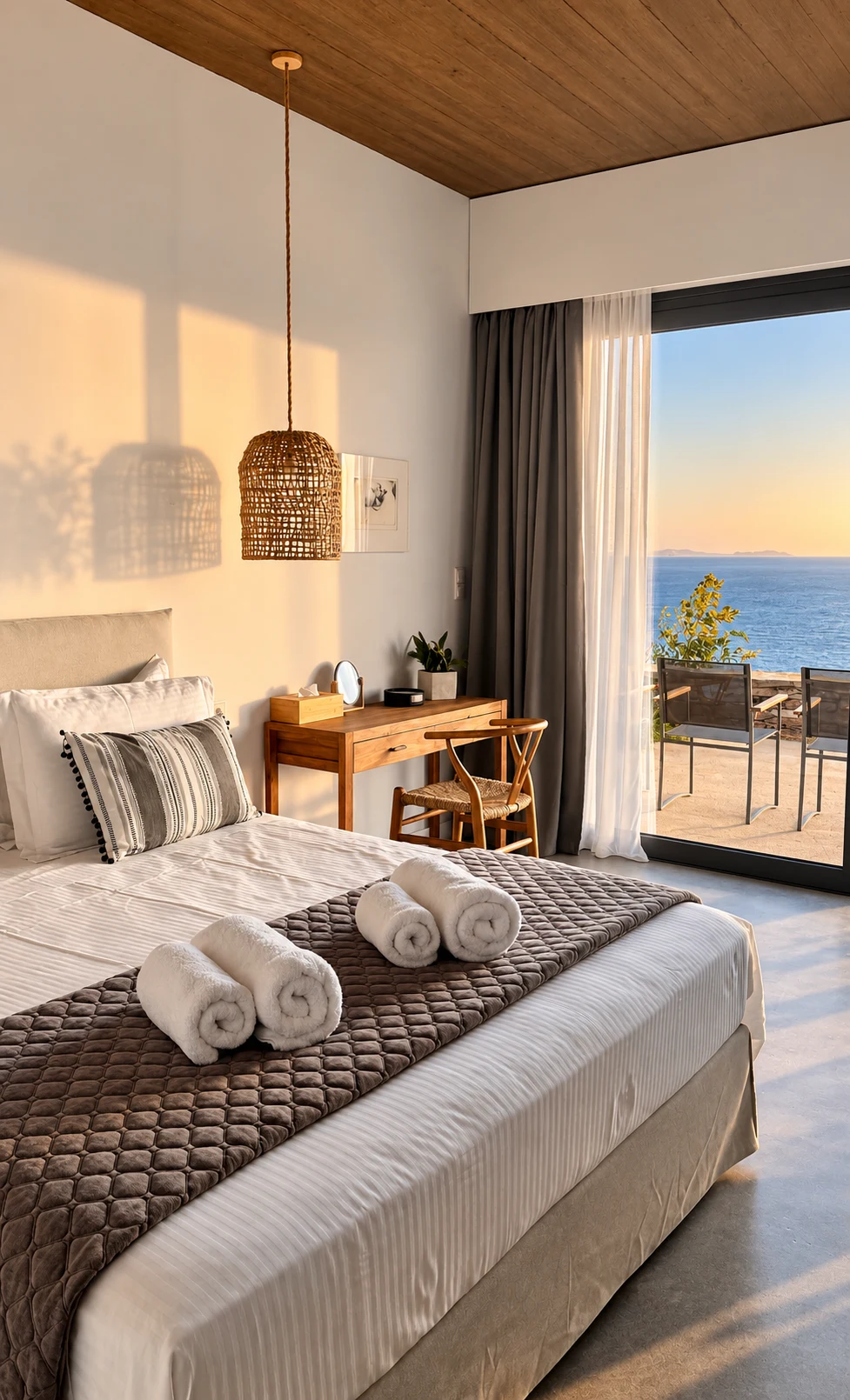 Warm-toned bedroom at Androsthea with a sea view