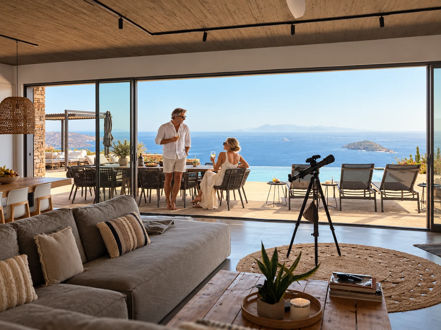 The villa living area opening onto the terrace, with a couple and a sea-view telescope
