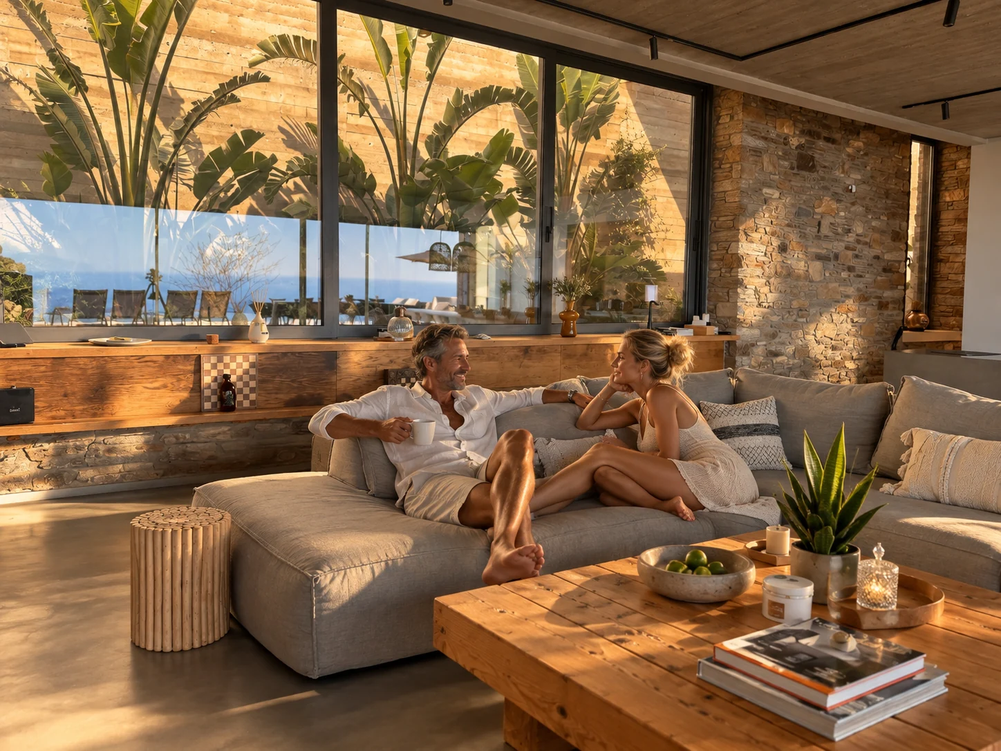 A couple relaxing together in the villa’s sunlit living room
